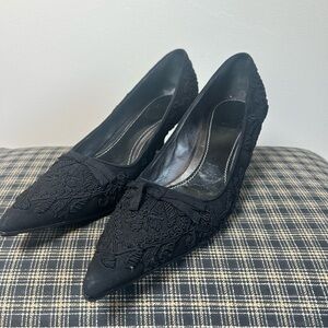 Prada‎ Black Pointed Toe Heels Embroidered Formal Occasion Party Career